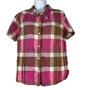 Energy Zone Womens Plaid Short Sleeve Button-Up Shirt Size L Pink/Brown